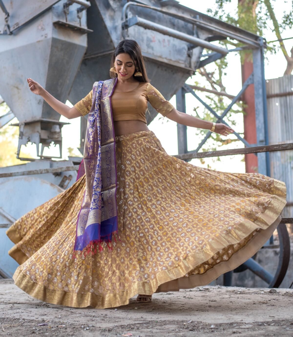 GOLDEN BEIGE LEHENGA WITH PURPLE BANARASI DUPATTA (set of 3)