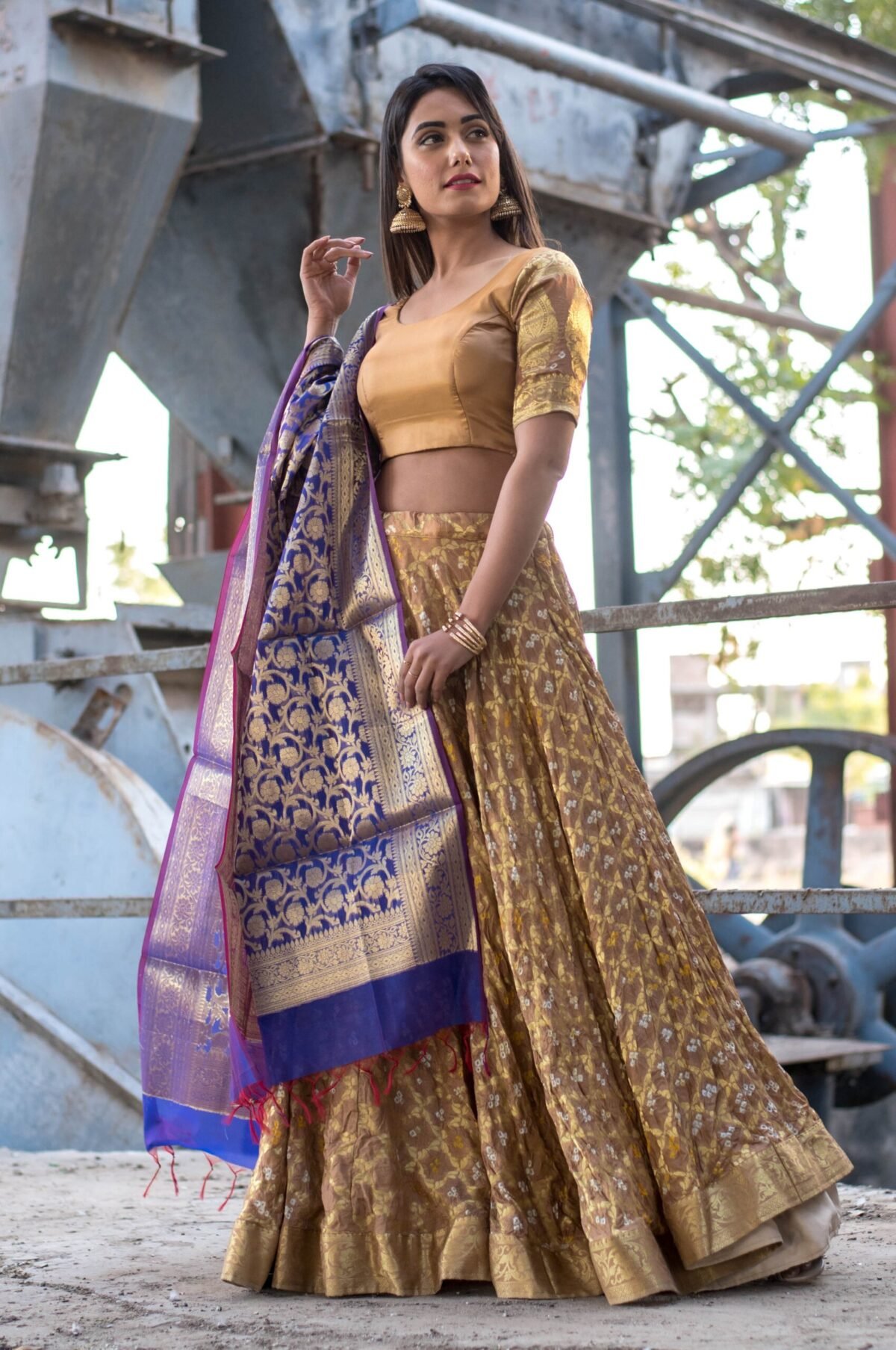 GOLDEN BEIGE LEHENGA WITH PURPLE BANARASI DUPATTA (set of 3)