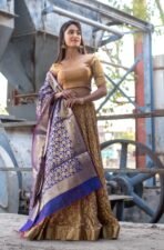 GOLDEN BEIGE LEHENGA WITH PURPLE BANARASI DUPATTA (set of 3)