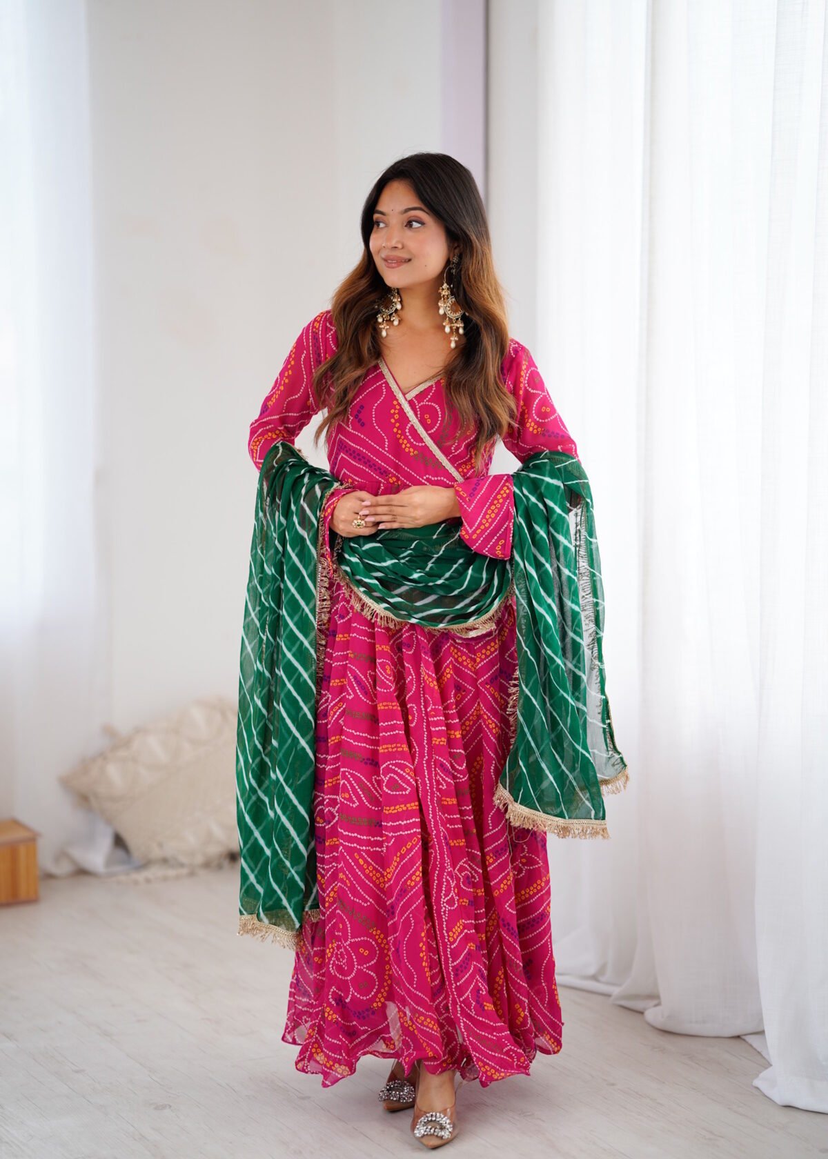 Hot pink bandhani anarkali set