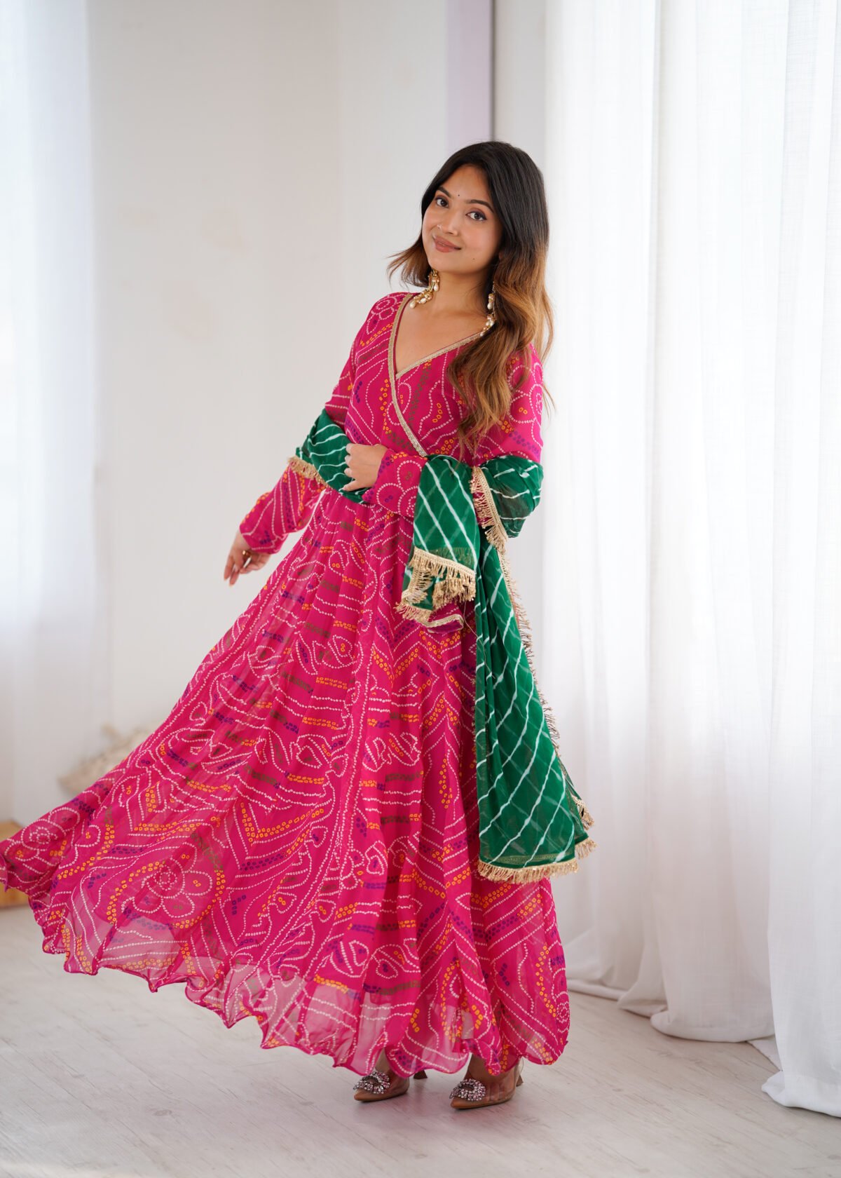 Hot pink bandhani anarkali set