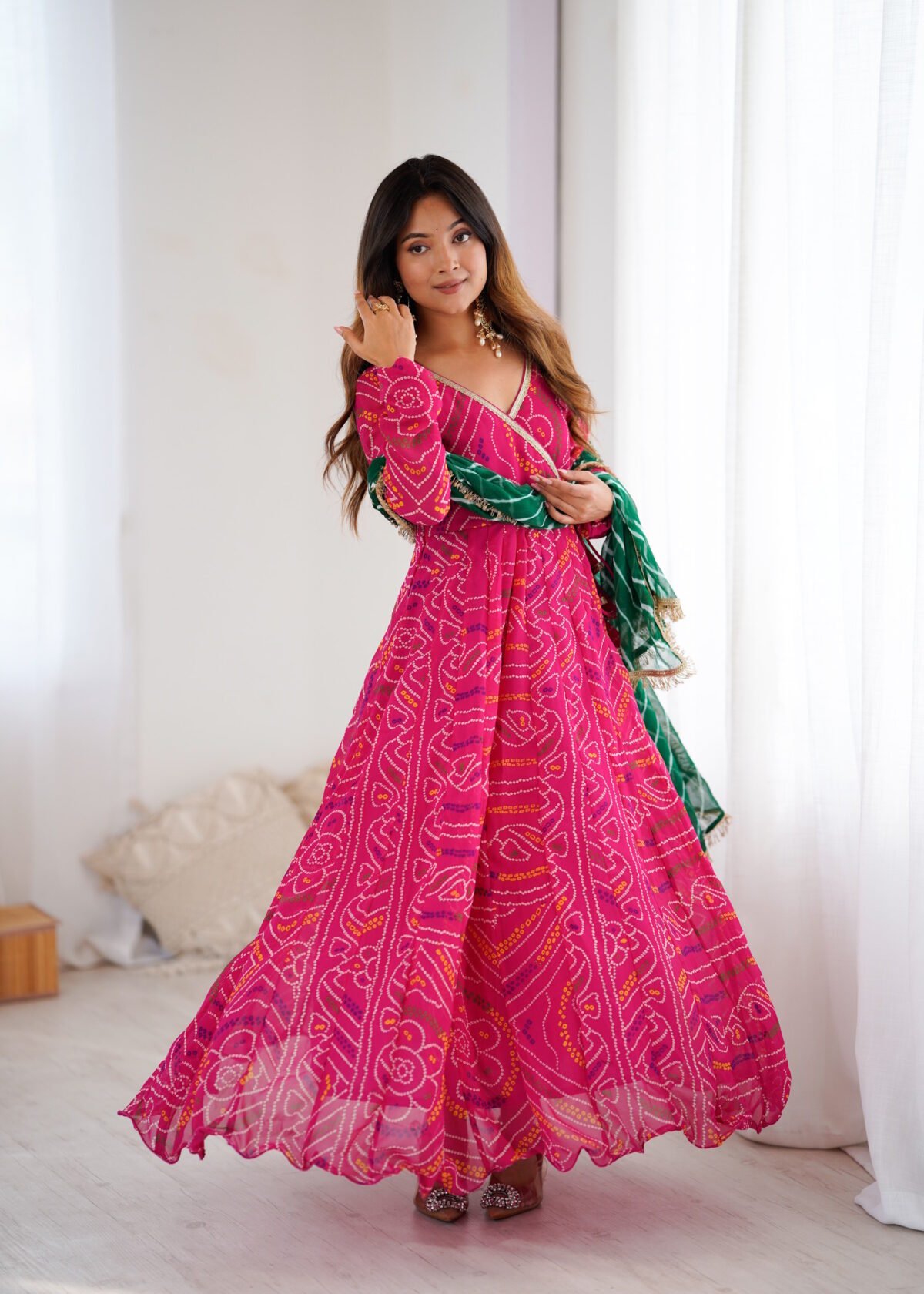 Hot pink bandhani anarkali set
