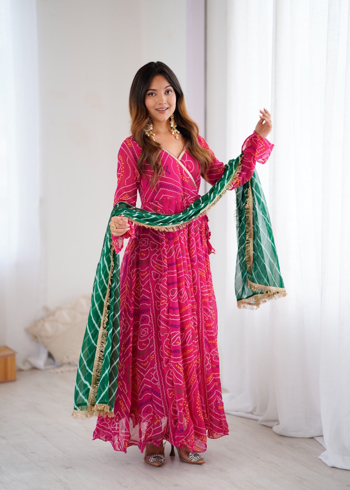 Hot pink bandhani anarkali set