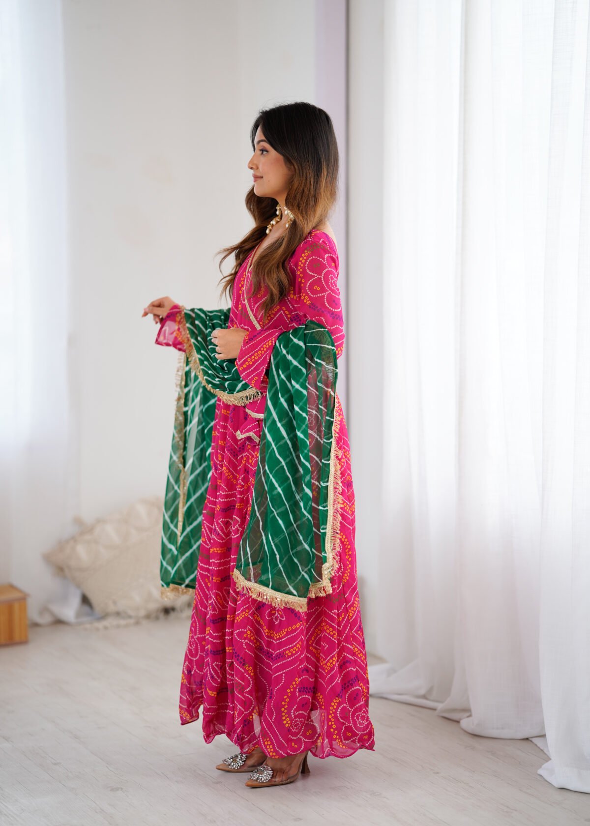 Hot pink bandhani anarkali set