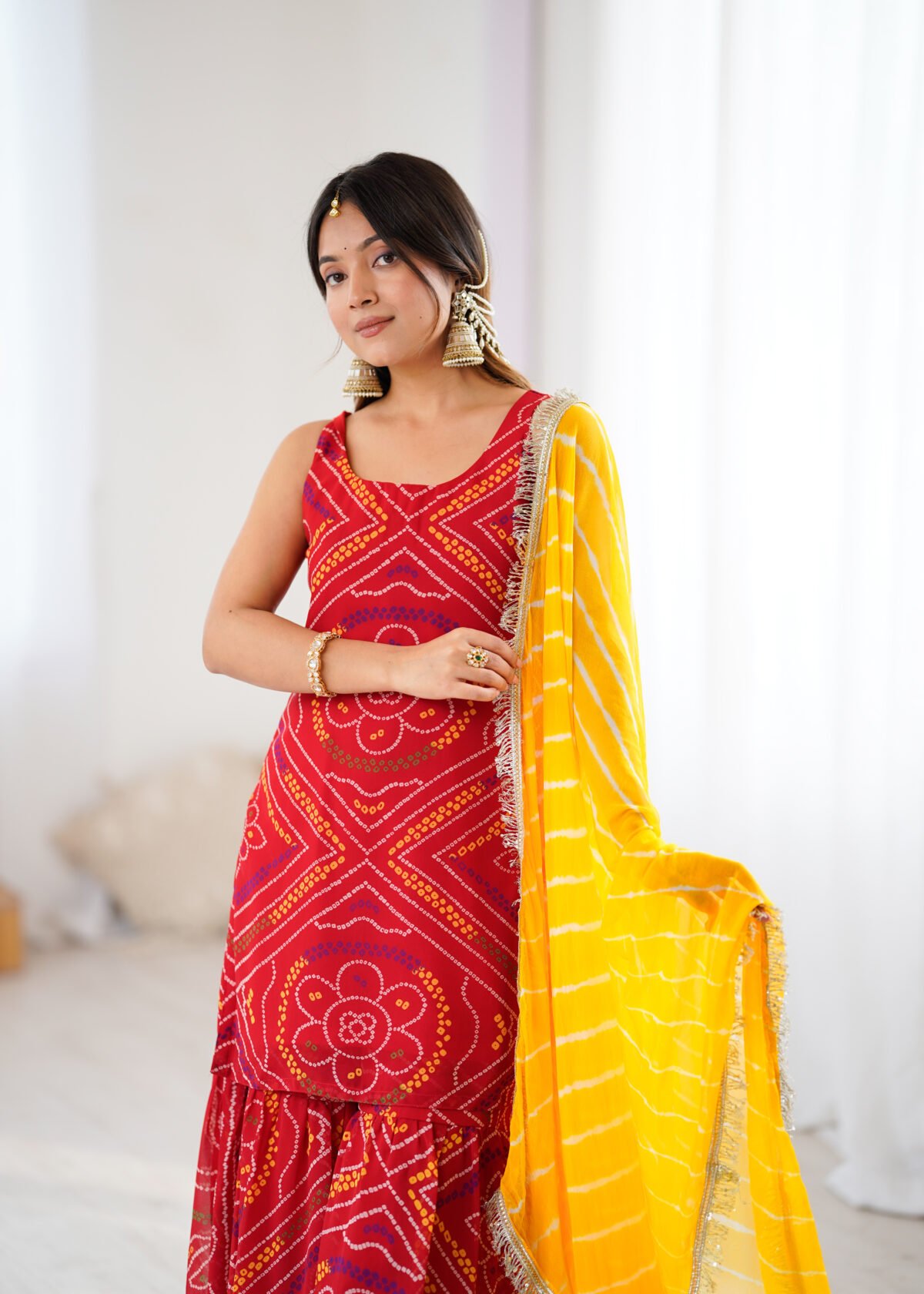 Red bandhej kurta sharara set