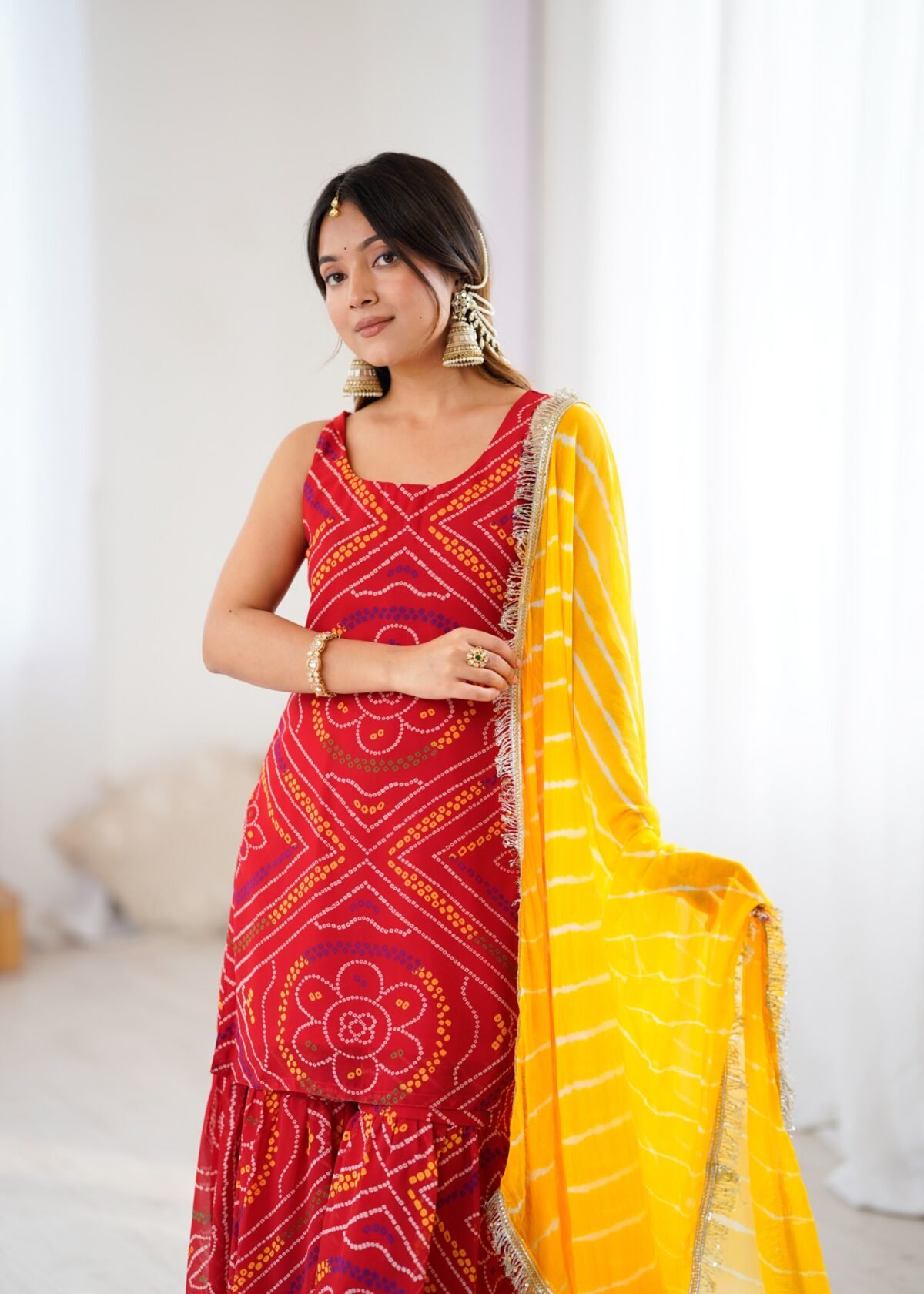 Red bandhej kurta sharara set