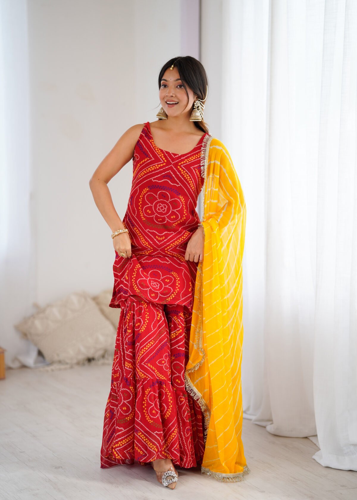 Red bandhej kurta sharara set