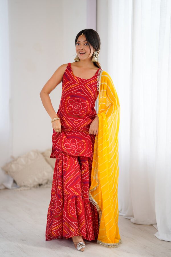 Red bandhej kurta sharara set