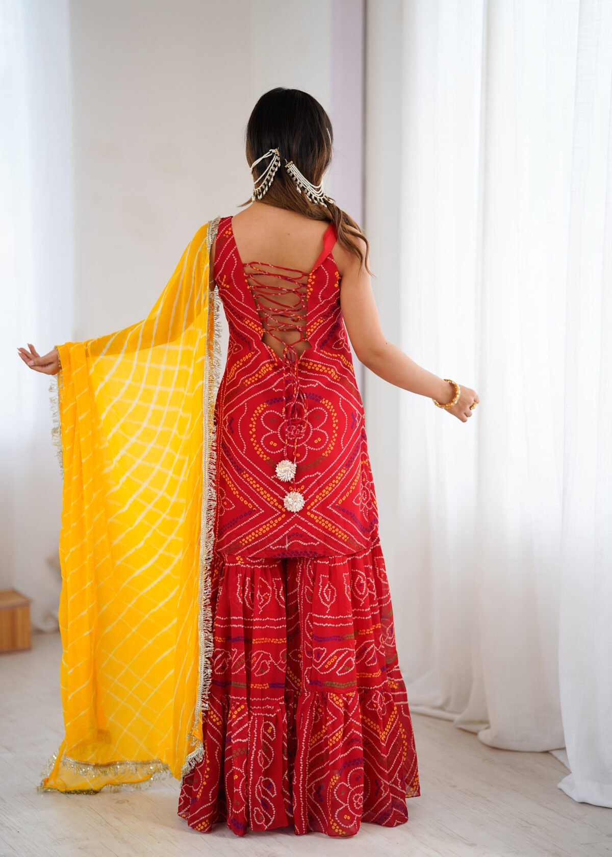 Red bandhej kurta sharara set