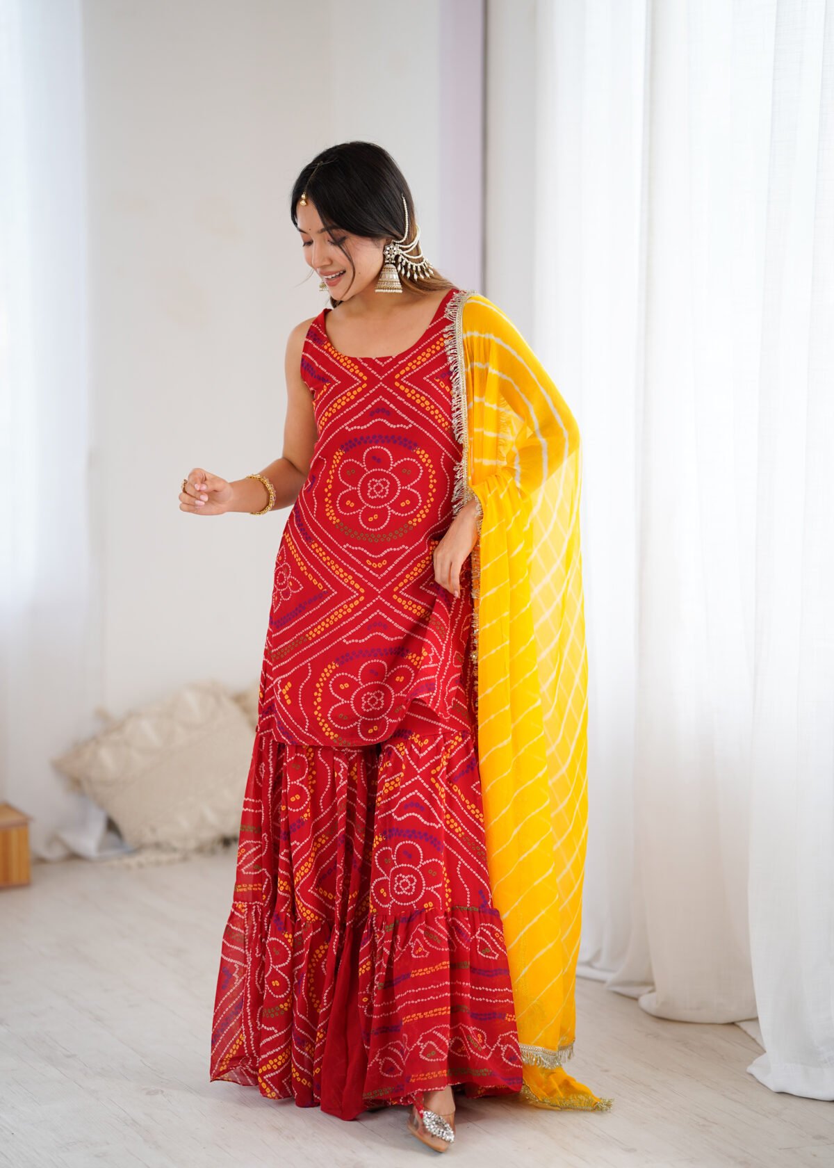 Red bandhej kurta sharara set