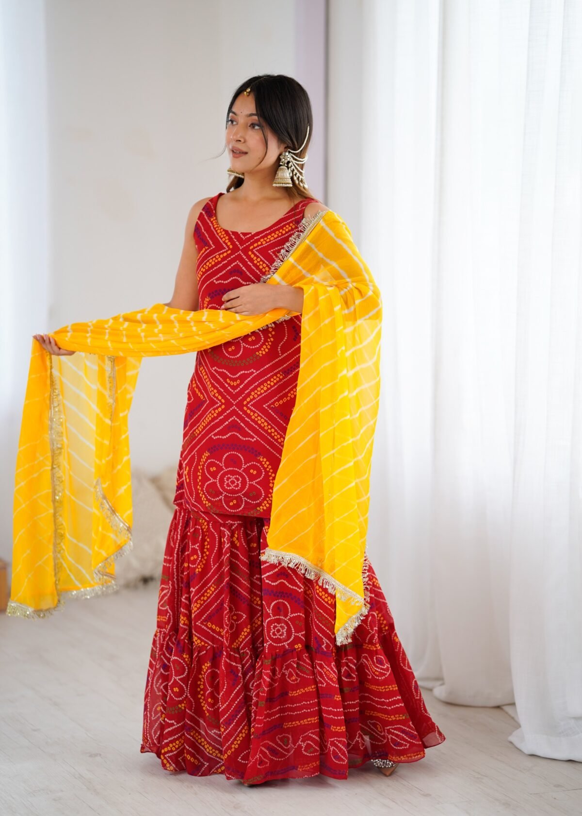 Red bandhej kurta sharara set
