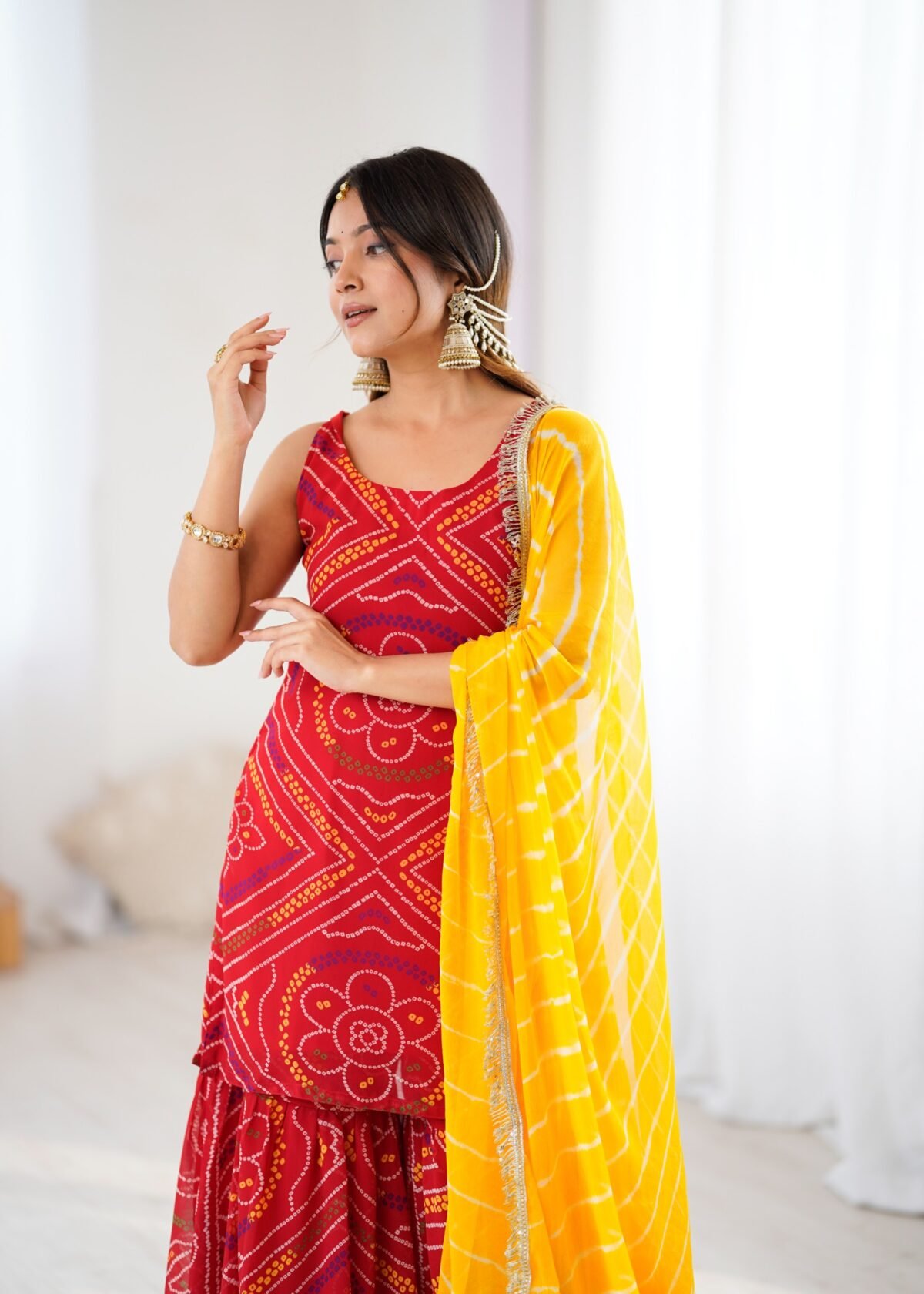 Red bandhej kurta sharara set
