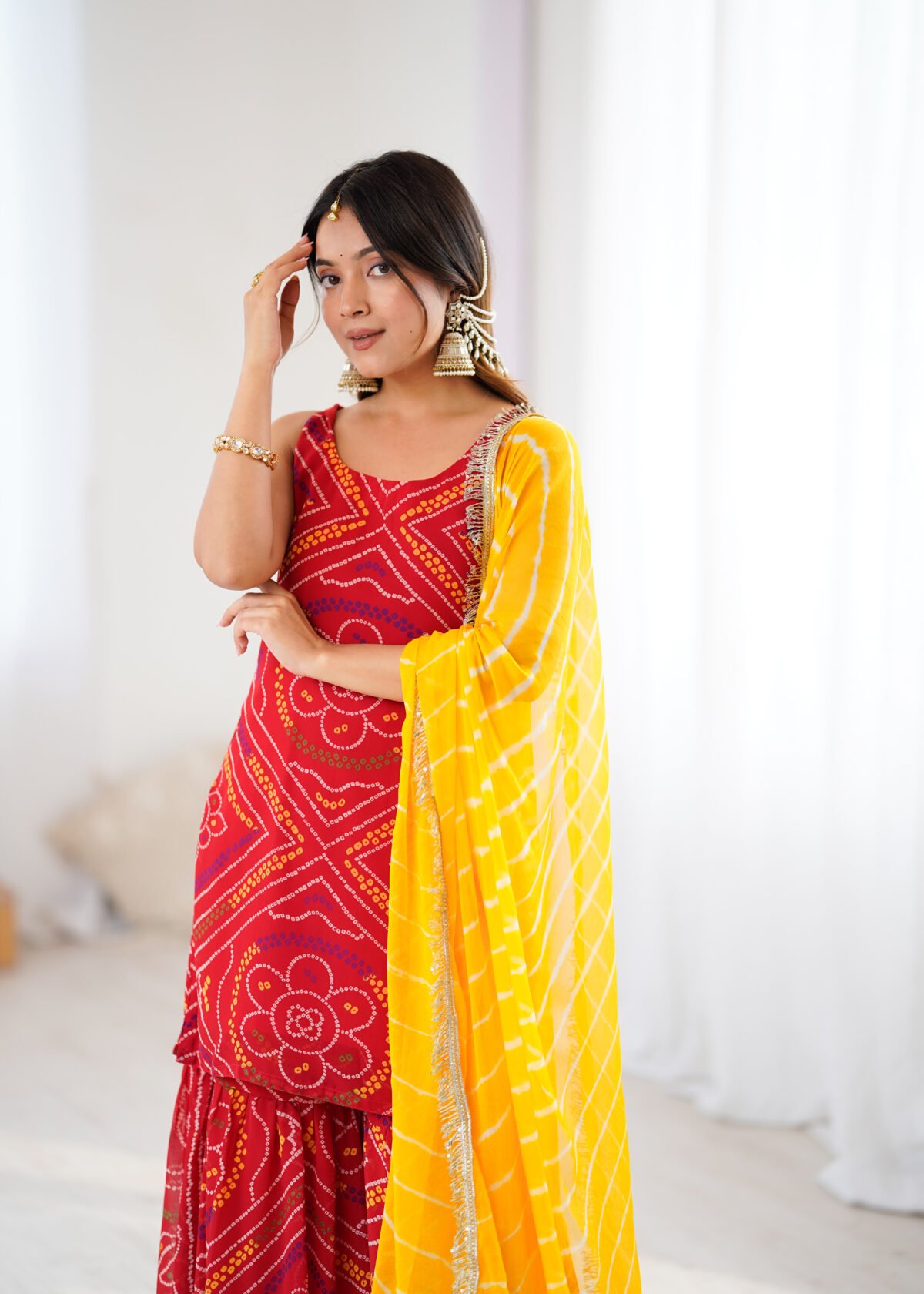Red bandhej kurta sharara set