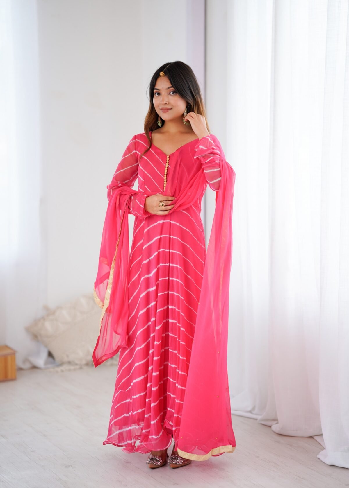 Rose pink leheriya anarkali set