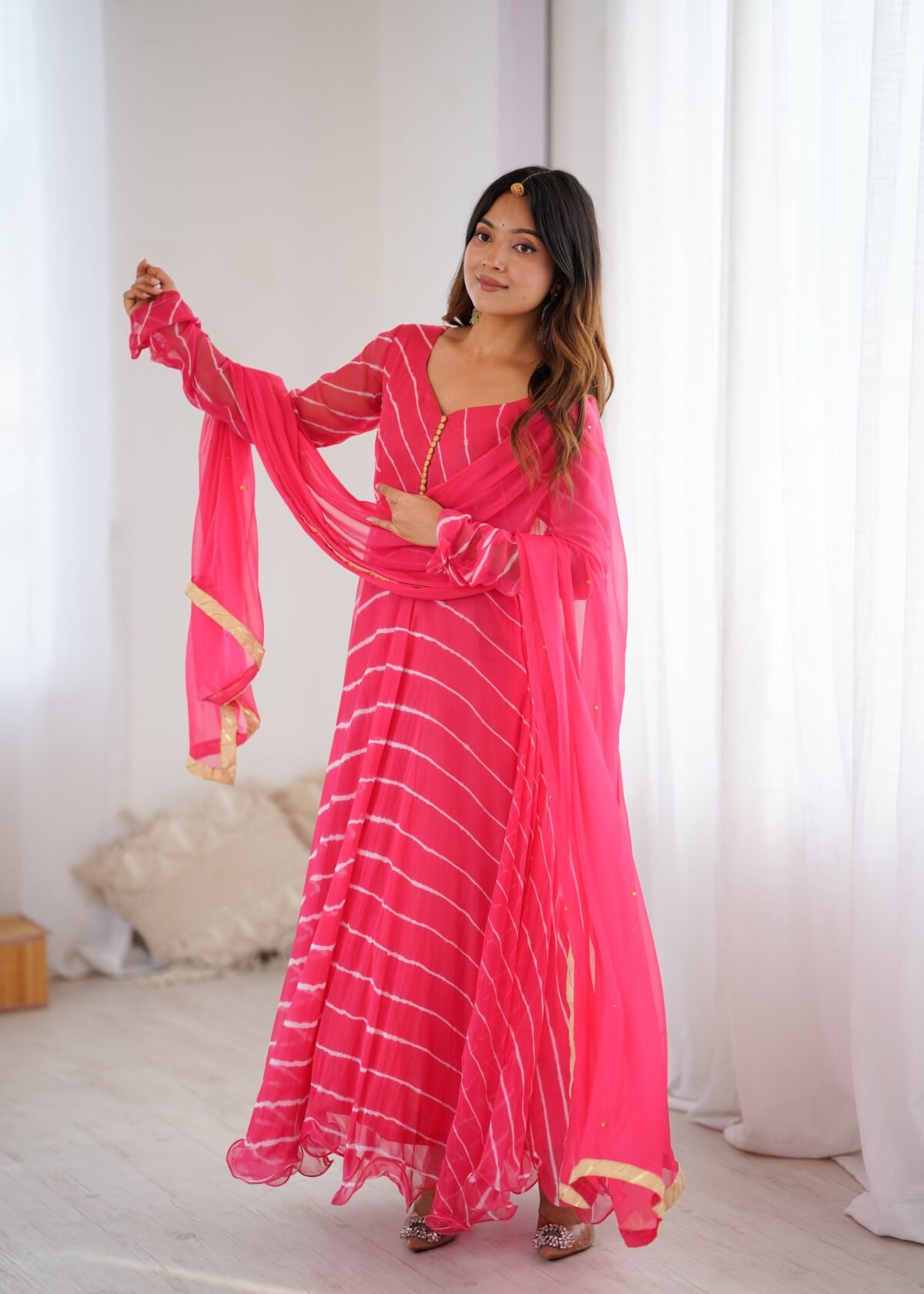 Rose pink leheriya anarkali set
