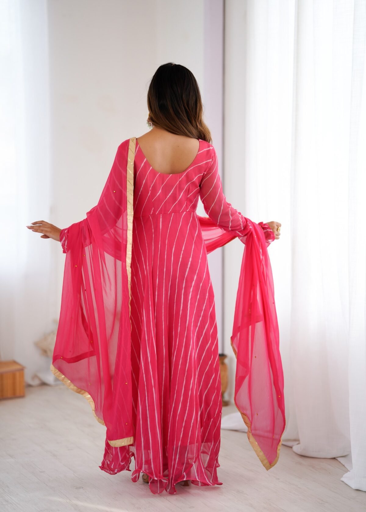 Rose pink leheriya anarkali set