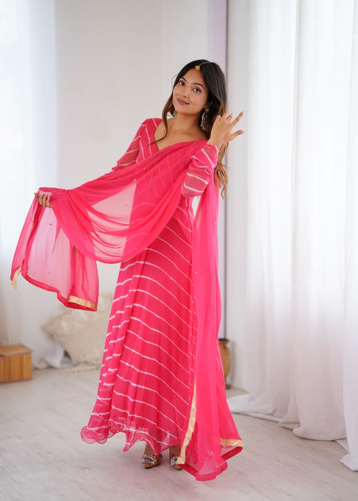 Rose pink leheriya anarkali set