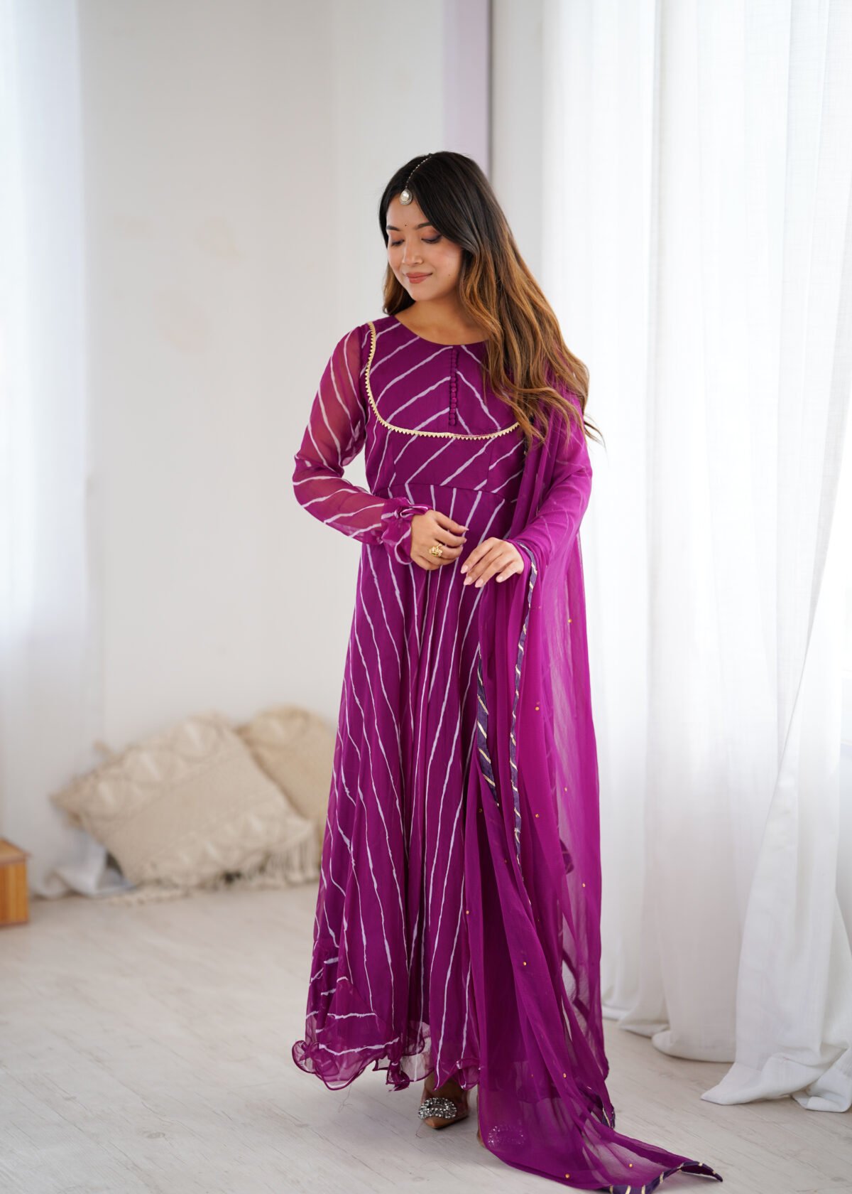 Purple leheriya anarkali set