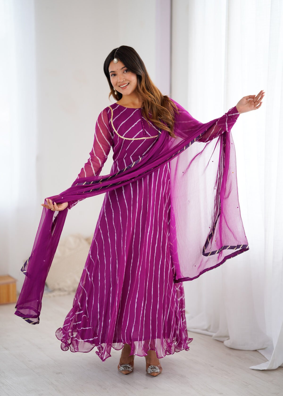 Purple leheriya anarkali set
