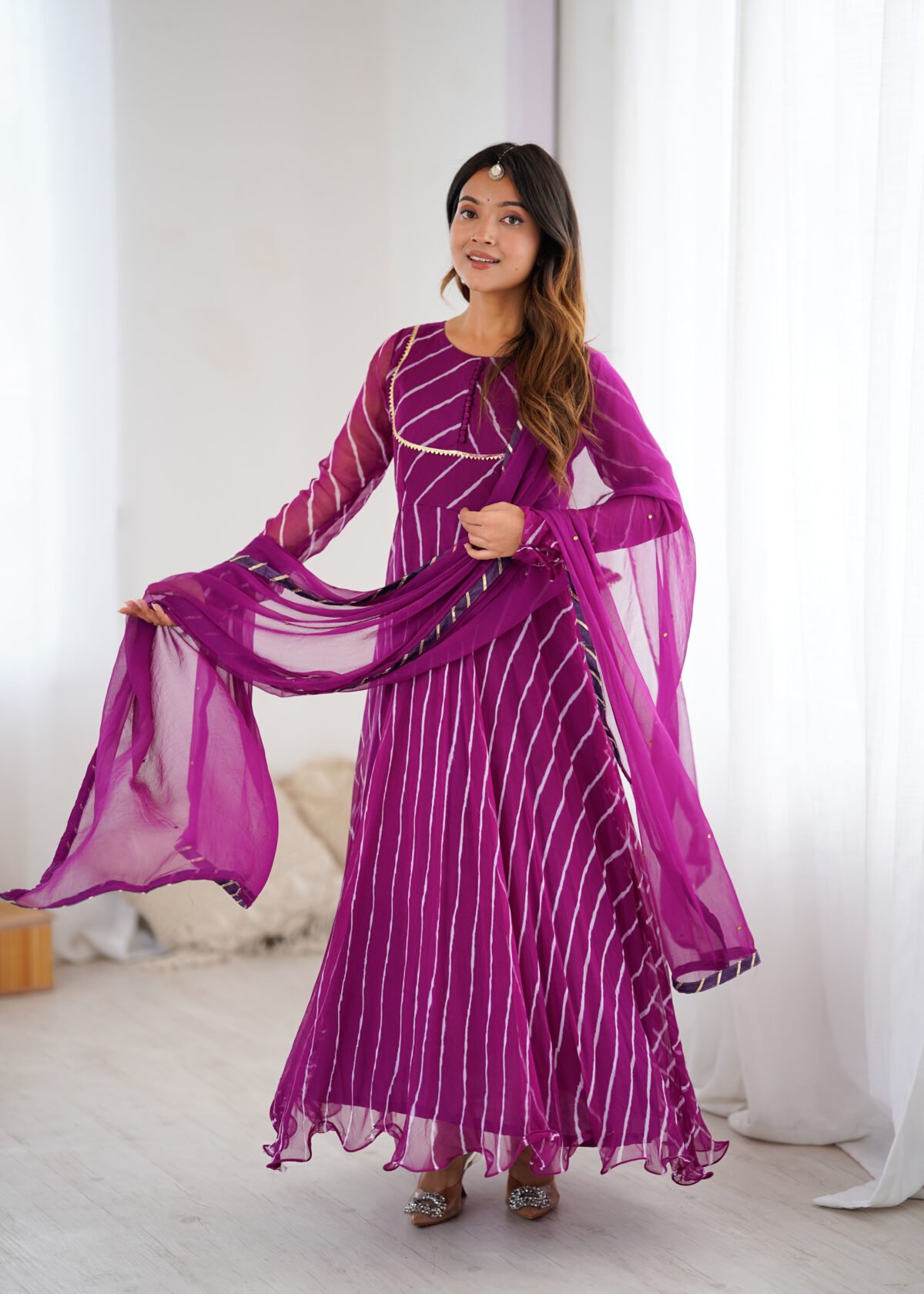 Purple leheriya anarkali set