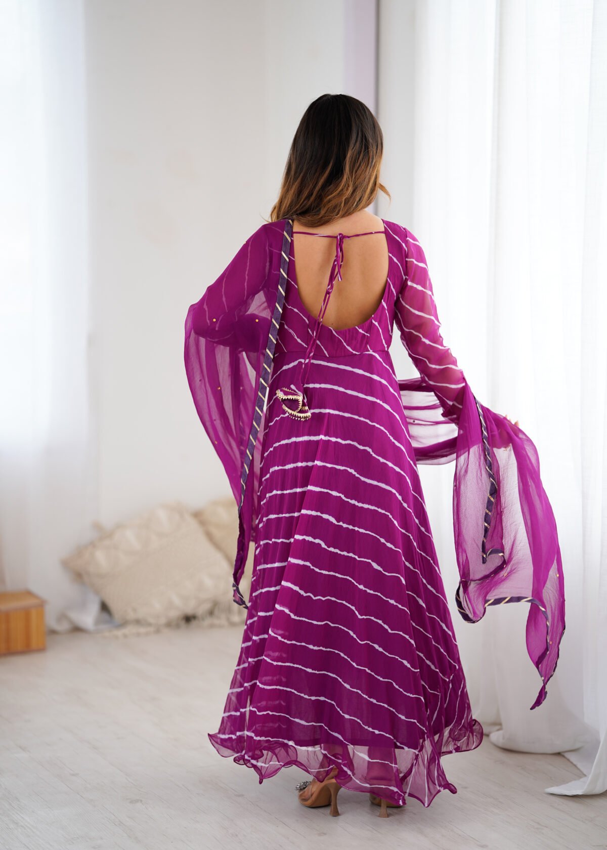 Purple leheriya anarkali set