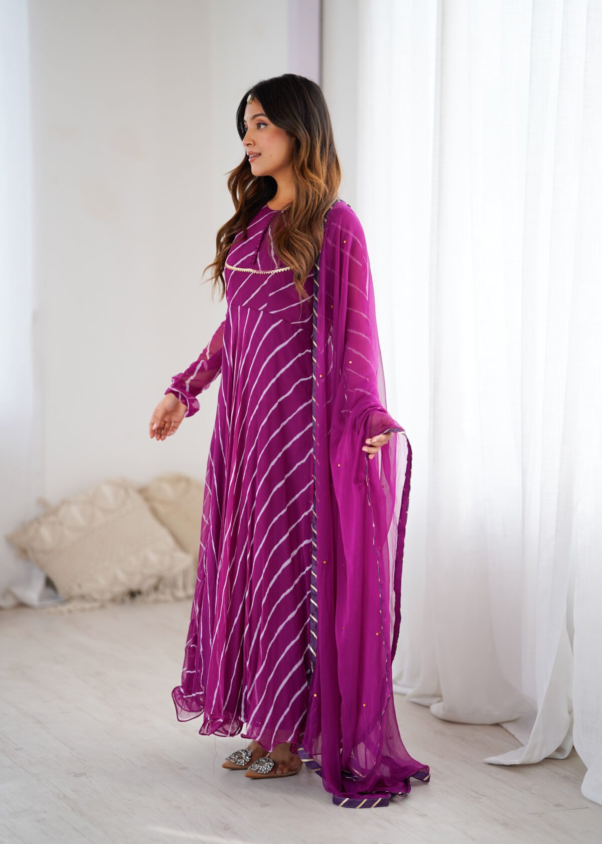 Purple leheriya anarkali set
