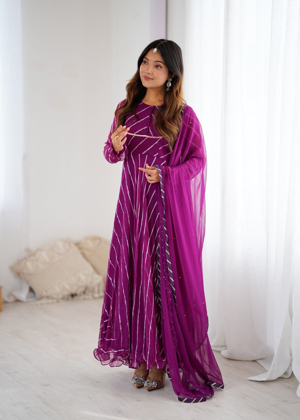 Purple leheriya anarkali set