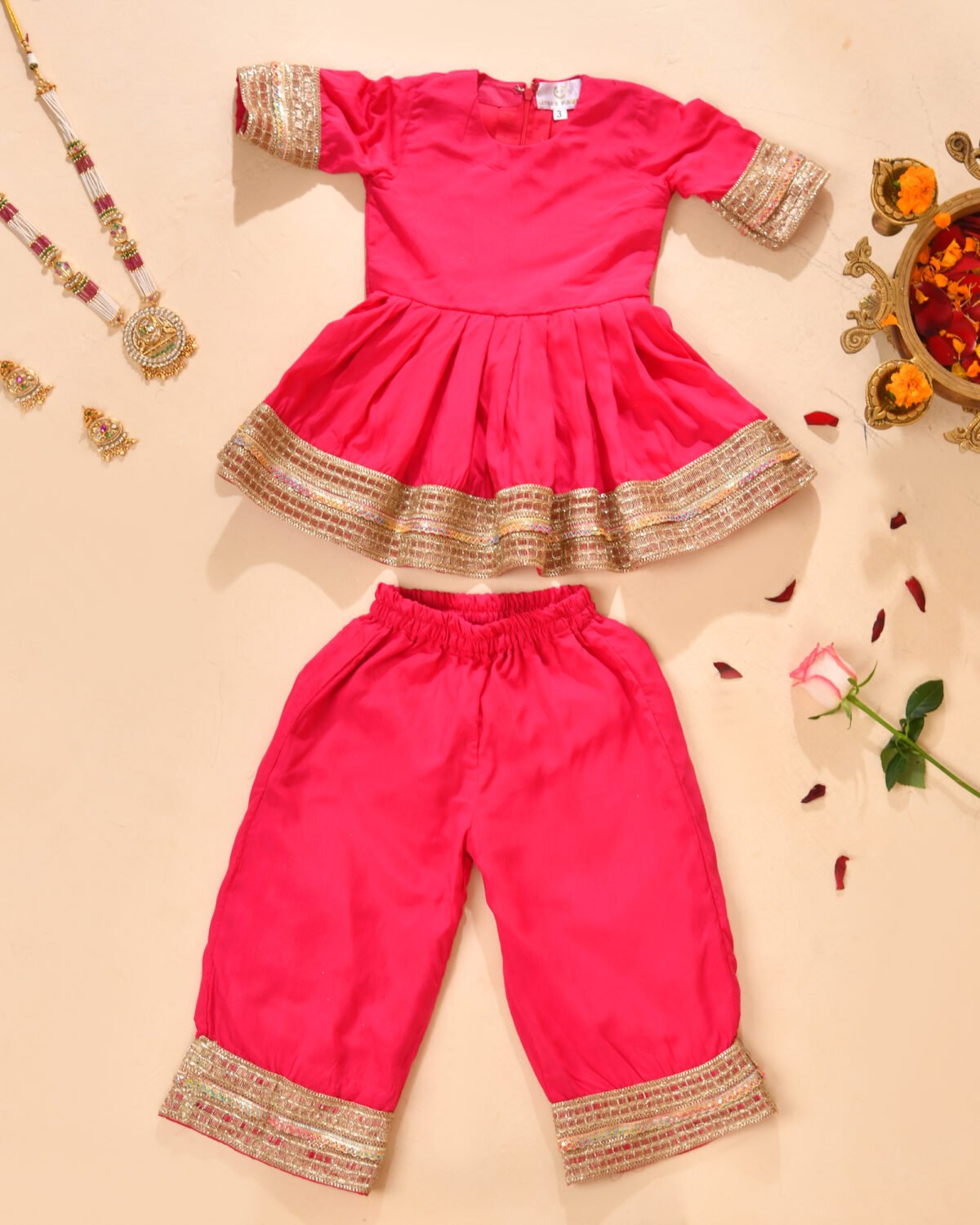 Bright Pink Festive Kurta & Palazzo Set for Kids